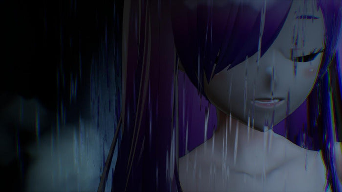 A moody close-up of an anime-style character with long purple hair, shown in rain with a dark, atmospheric background and heavy digital glitch effects.