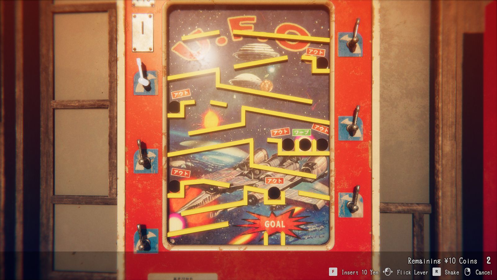 Vintage pinball machine with colorful design and text on a wooden cabinet.