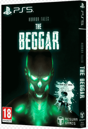 Box cover art for 'Horror Tales The Beggar' PlayStation 5 game, featuring a dark, eerie image of a character with green glowing eyes against a black background with debris around.