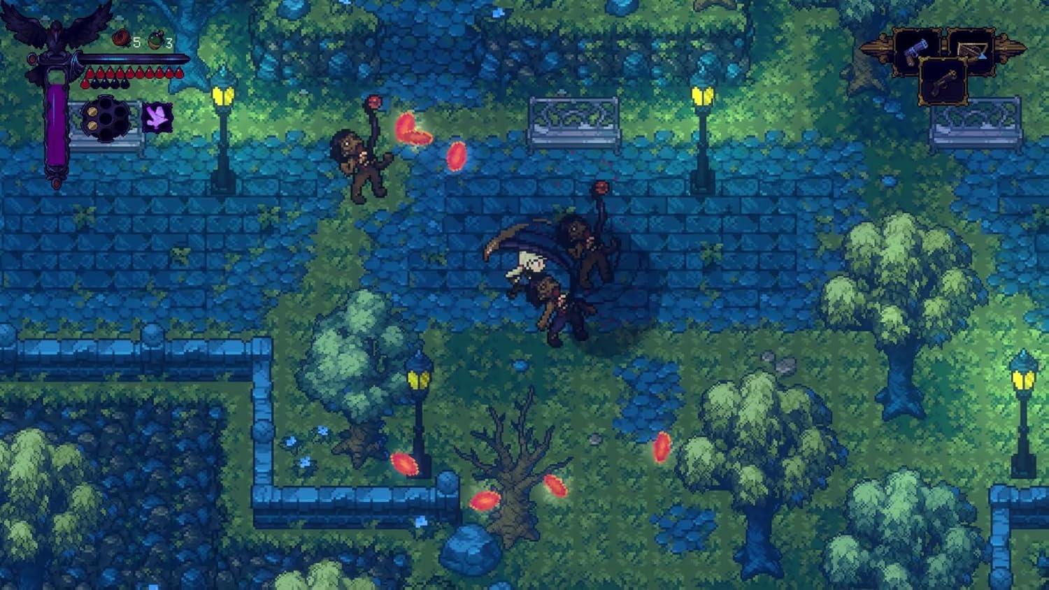 Pixel art scene from a video game with characters and environment