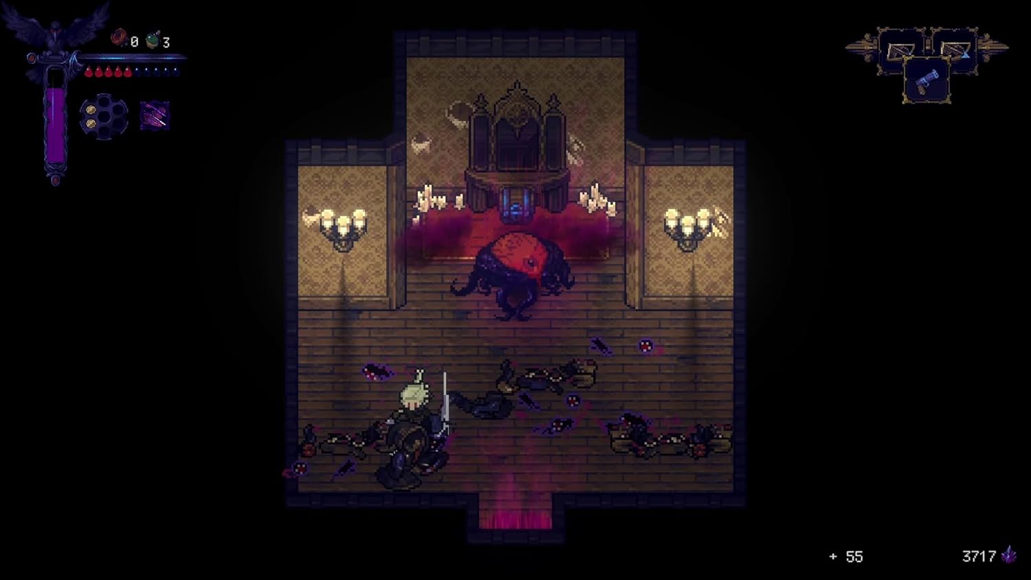 Top-down view of a dark room with a central figure and candles, likely from a video game.