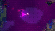 Pixelated game scene with a character in a purple environment