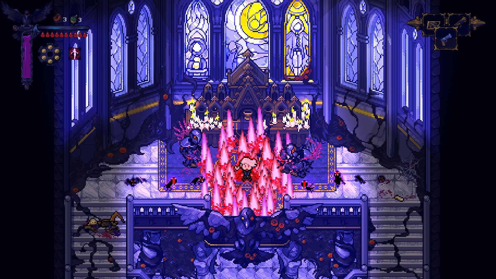 Pixel art scene from a video game with a character in a cathedral-like setting