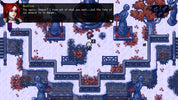 Game screen with character dialogue in a snowy, gothic environment