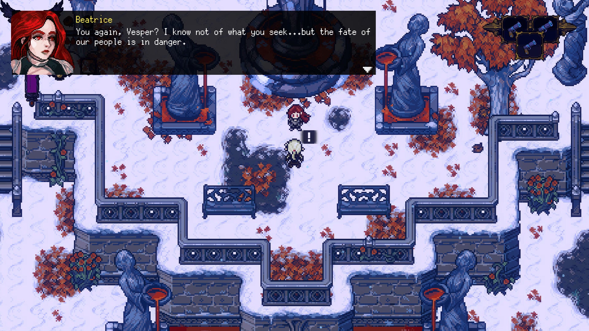 Game screen with character dialogue in a snowy, gothic environment