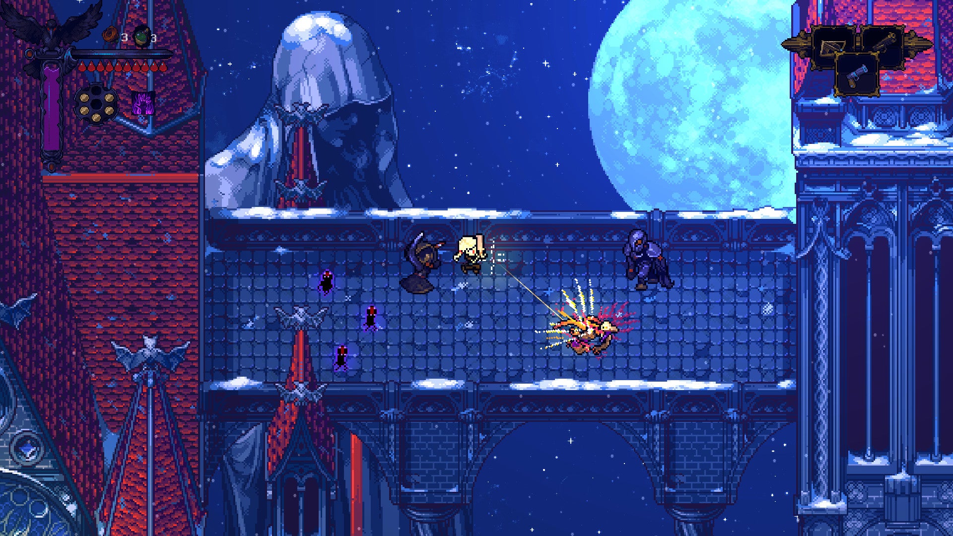 Video game scene with characters on a platform under a large moon.