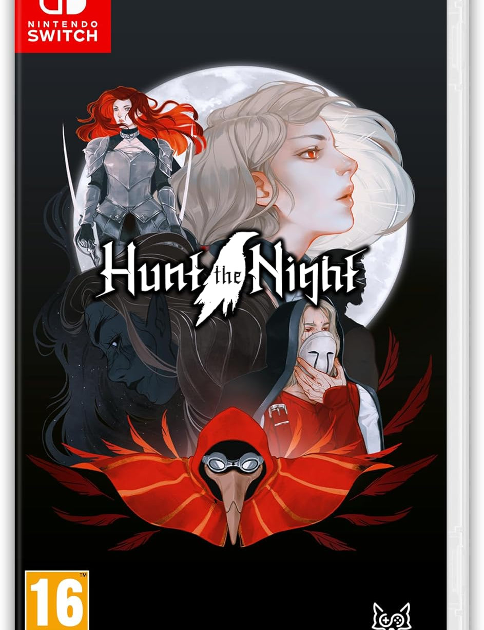 Game box for 'Hunt the Night' on Nintendo Switch with character illustrations and branding.