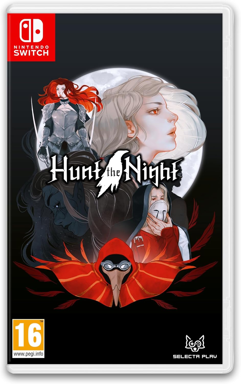 Game box for 'Hunt the Night' on Nintendo Switch with character illustrations and branding.