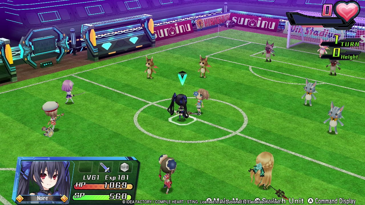 Soccer game with animated characters on a field, featuring a purple stadium.