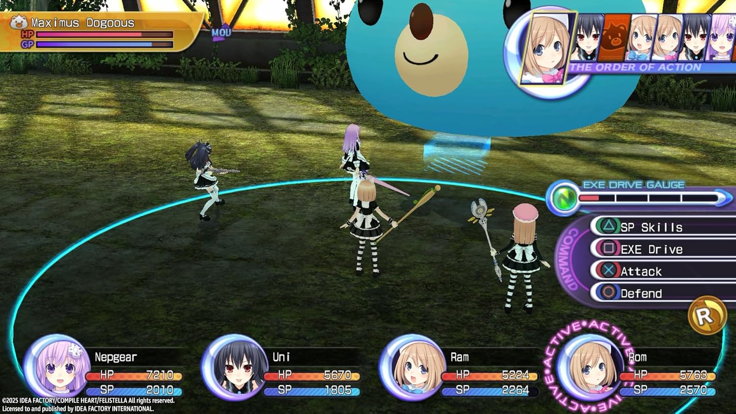 Screenshot of a video game with character avatars and interface elements on a grassy field.