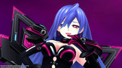 Animated character with blue hair and futuristic outfit on a purple background