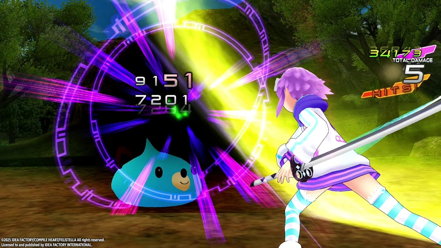 Animated character with purple hair and a sword facing a blue creature in a vibrant, action-packed scene.