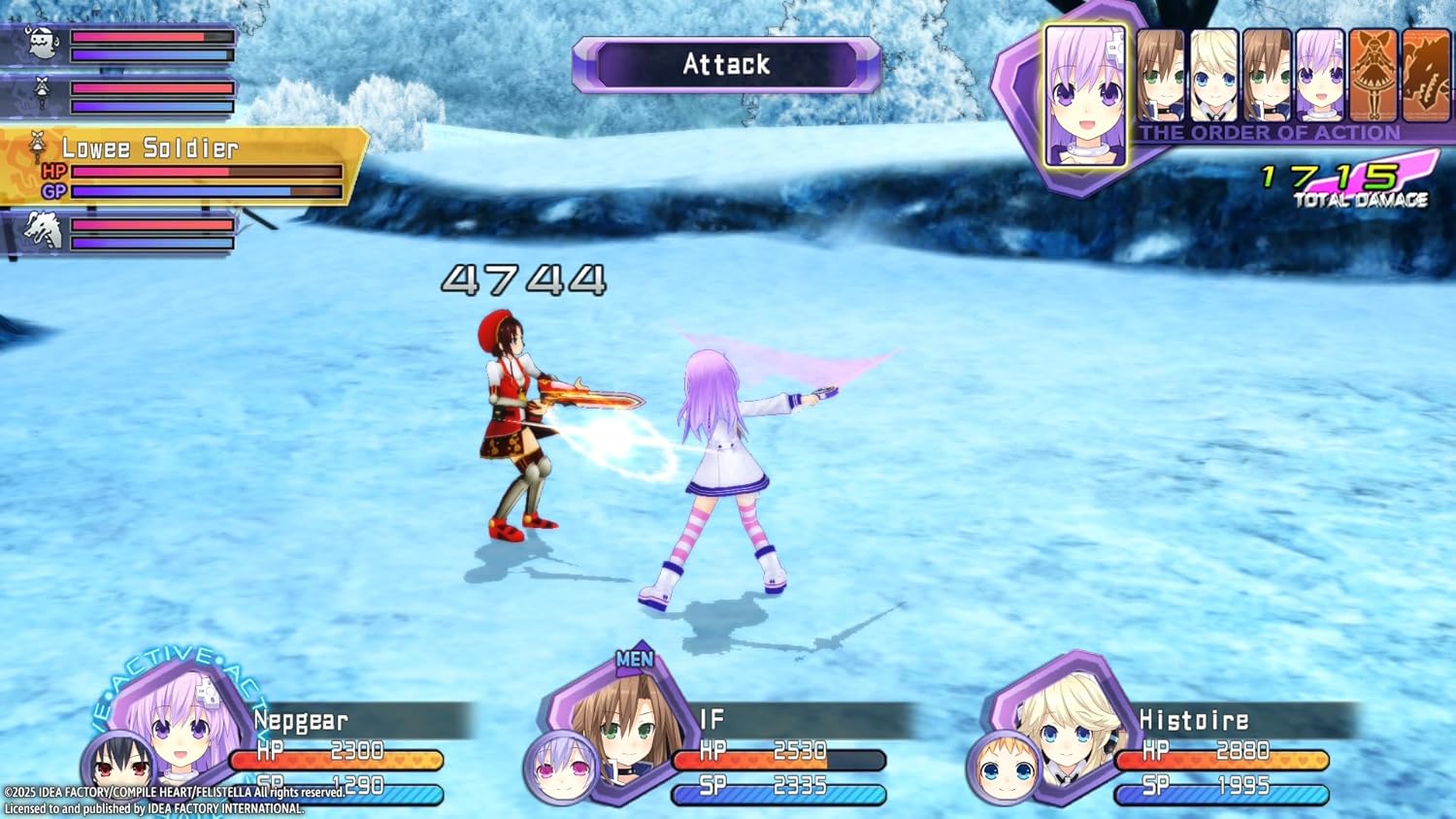 Two characters in a snowy battle scene from a video game, with character portraits and stats displayed.