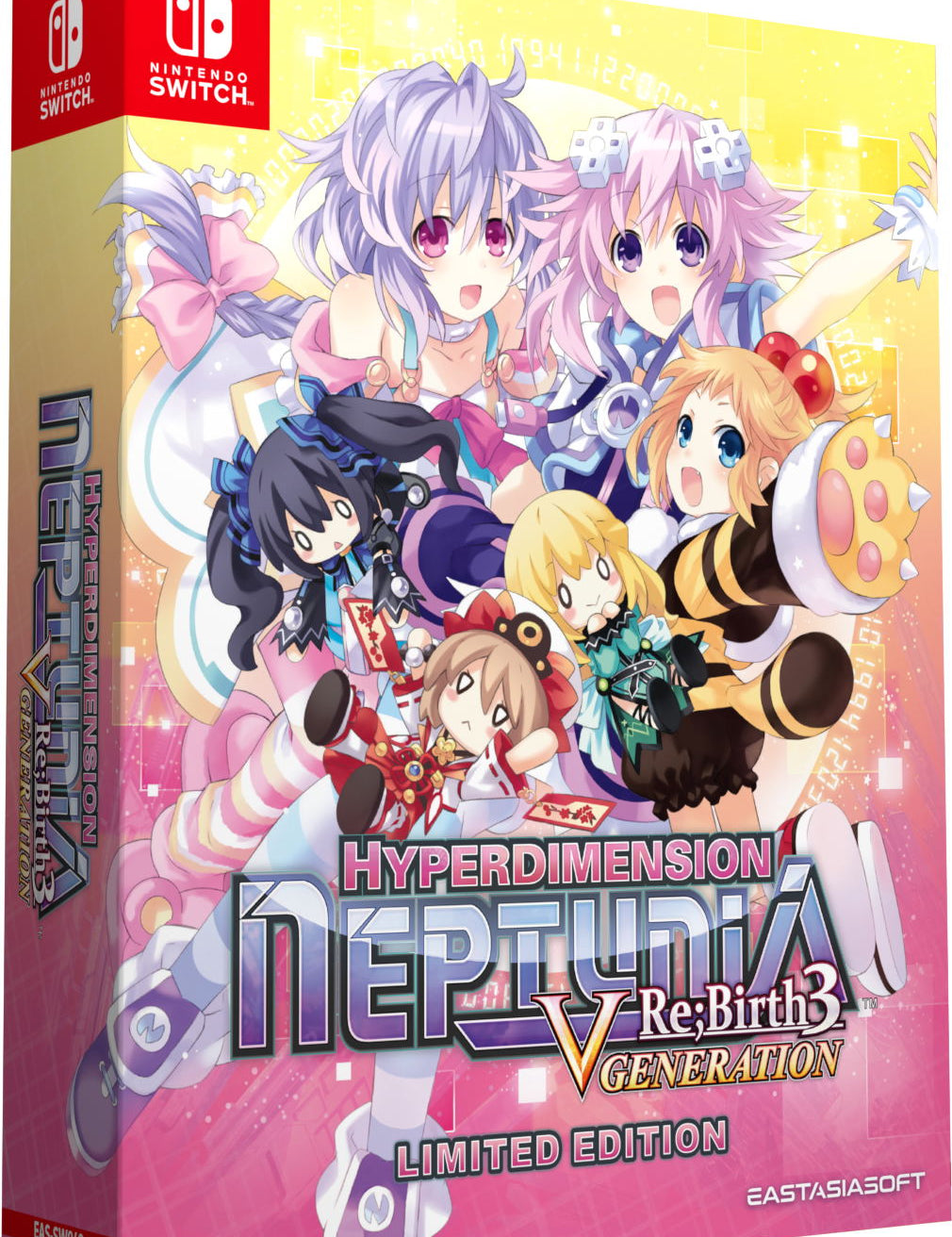 Limited edition packaging of Hyperdimension Neptunia Re:Birth3 Generation for Nintendo Switch with colorful design and character illustrations.