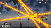 A screenshot from a 2D action RPG game showing a character dodging bright orange glowing chain attacks in a dark icy mountain environment.