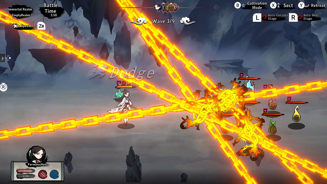 A screenshot from a 2D action RPG game showing a character dodging bright orange glowing chain attacks in a dark icy mountain environment.