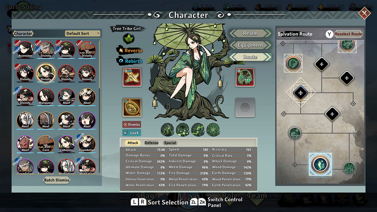 A screenshot of a video game character customization interface showing a fantasy female character with a green parasol and dark green outfit, surrounded by stats, icons, and selection routes.