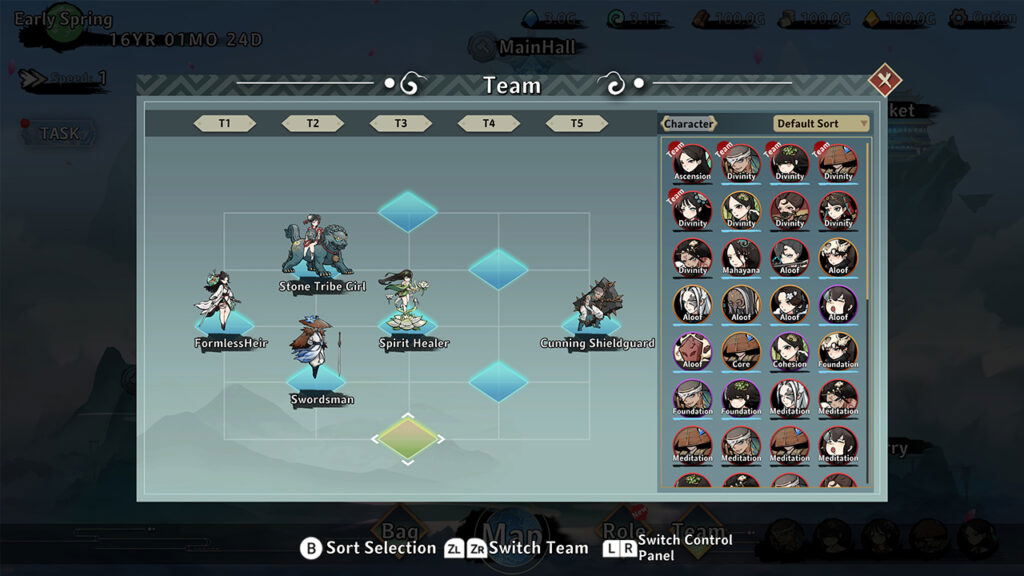 A screenshot of a fantasy game team management interface showing character portraits, team slots, and a character list on the right.