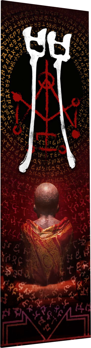 Red and black background with a central symbol and a person in a red robe.