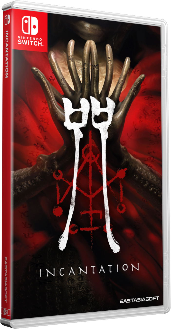 Game box for 'Incantation' on Nintendo Switch with a dark design and red accents.