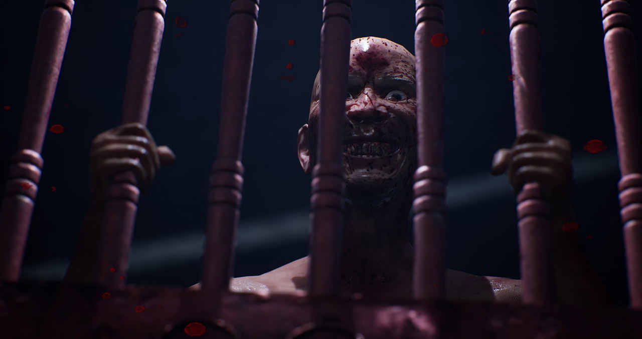 Horror scene with a creature behind bars in a dark setting