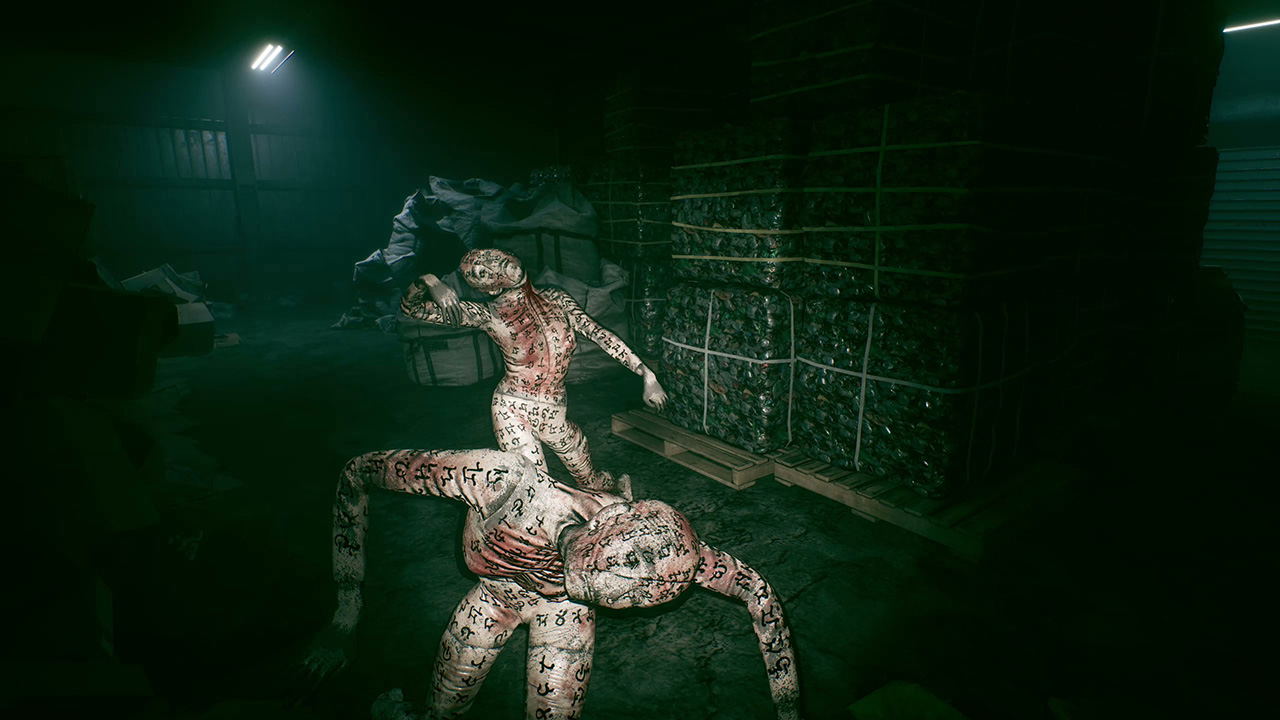 Horror scene with a creature attacking a person in a dark, industrial setting