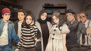 Illustration of a group of people in a room with shelves in the background