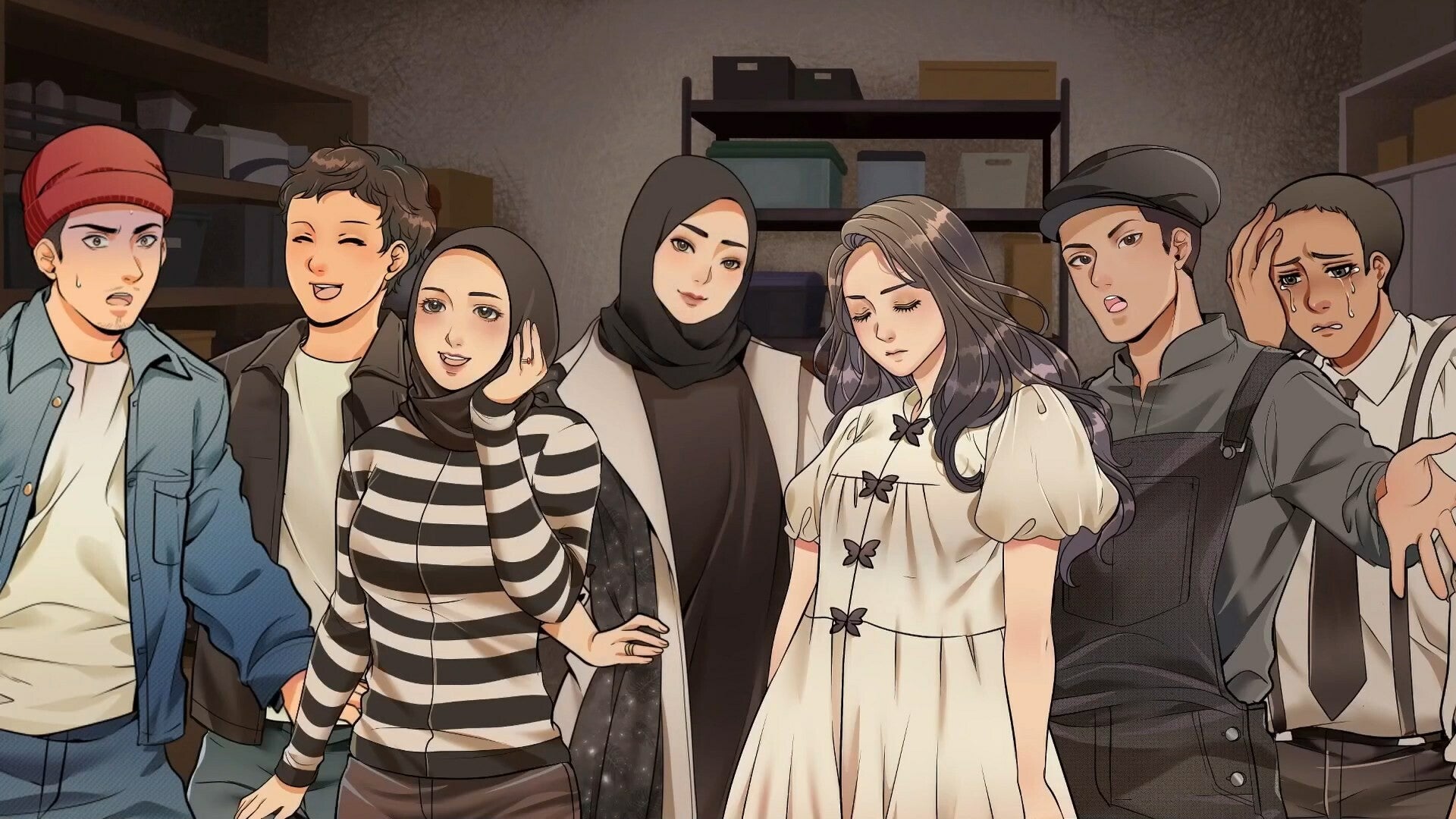 Illustration of a group of people in a room with shelves in the background