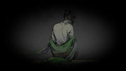 Illustration of a person sitting with a green cloth draped over their shoulders against a dark background