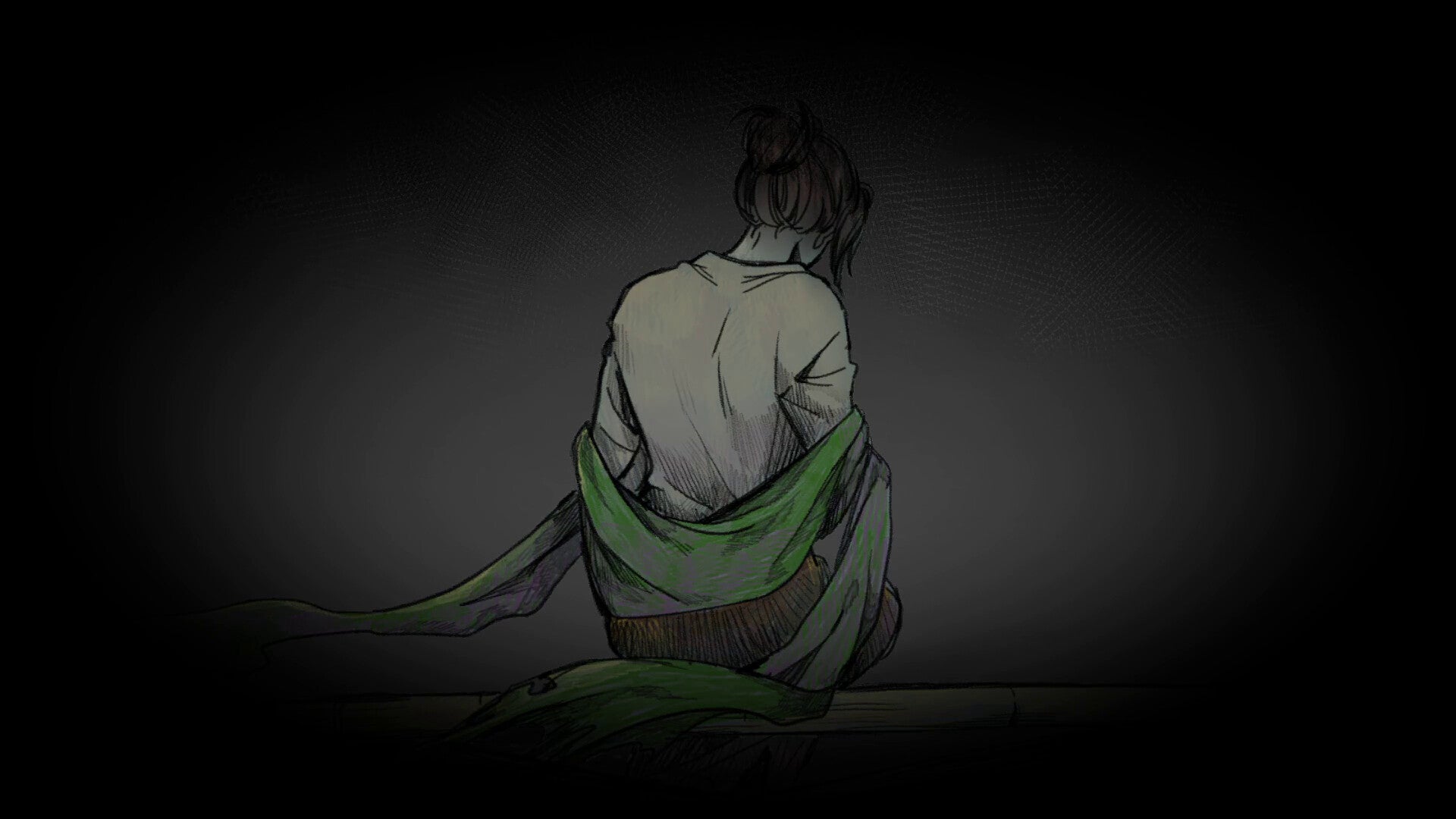 Illustration of a person sitting with a green cloth draped over their shoulders against a dark background