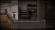 Game interface showing a kitchen, bathroom, and dialogue box with character options.