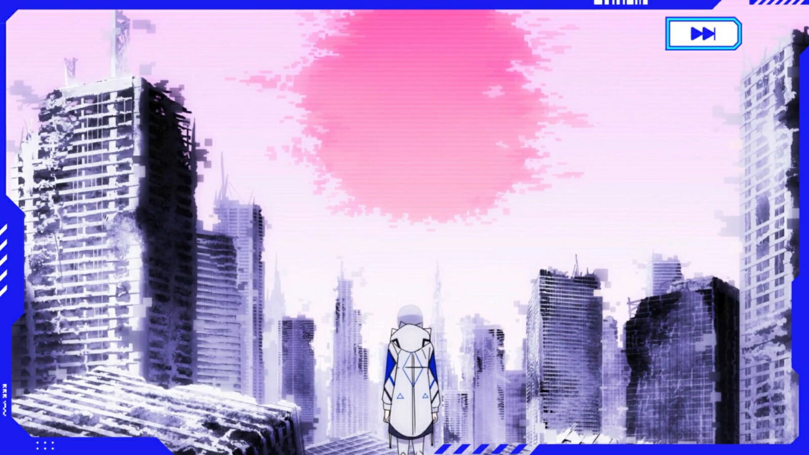 Cartoon character in a cityscape with a pink sun