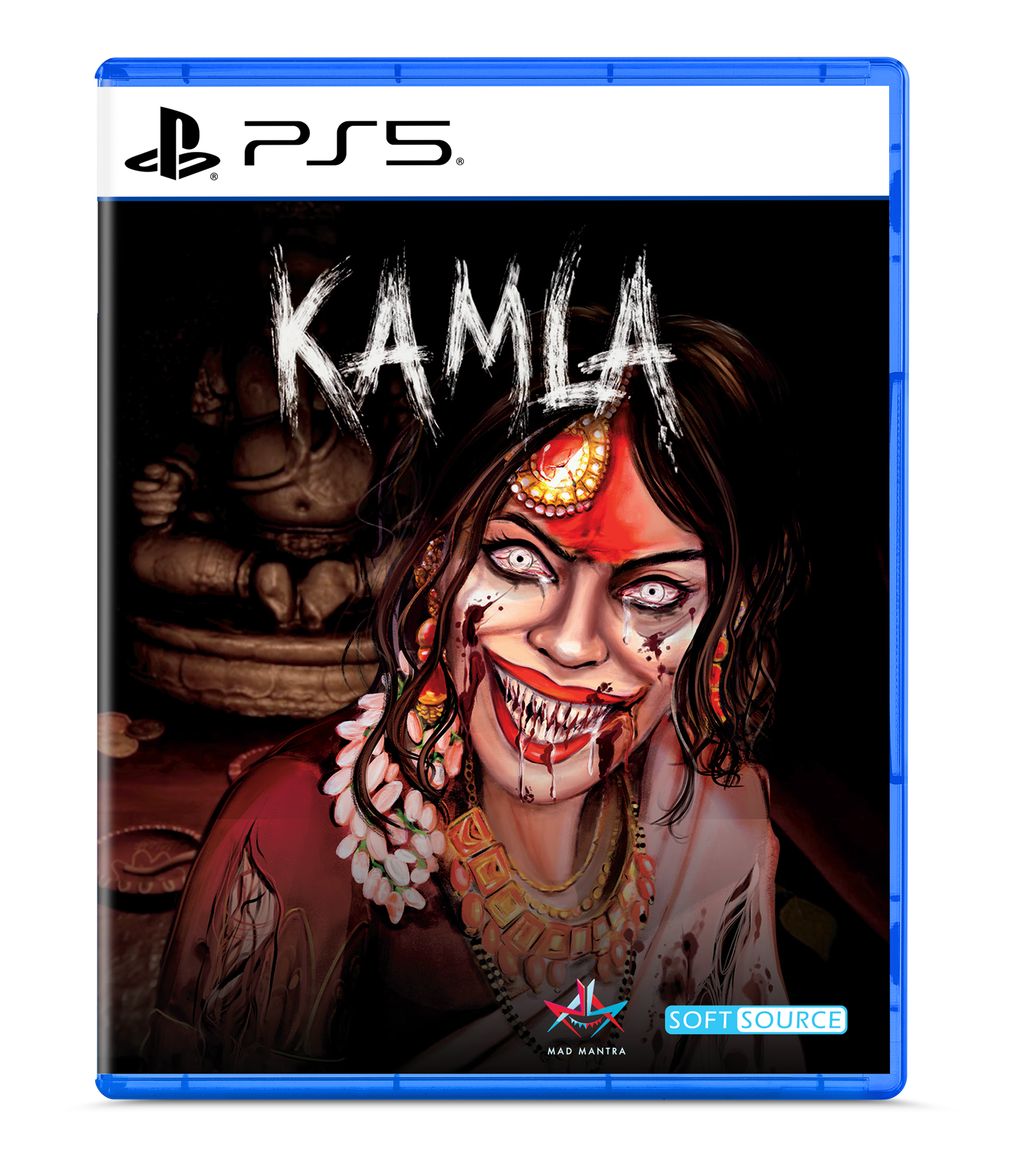 PS5 game case for the horror title 'Kamla' featuring a creepy clown character with white teeth and red face paint, shown on a clean white background.