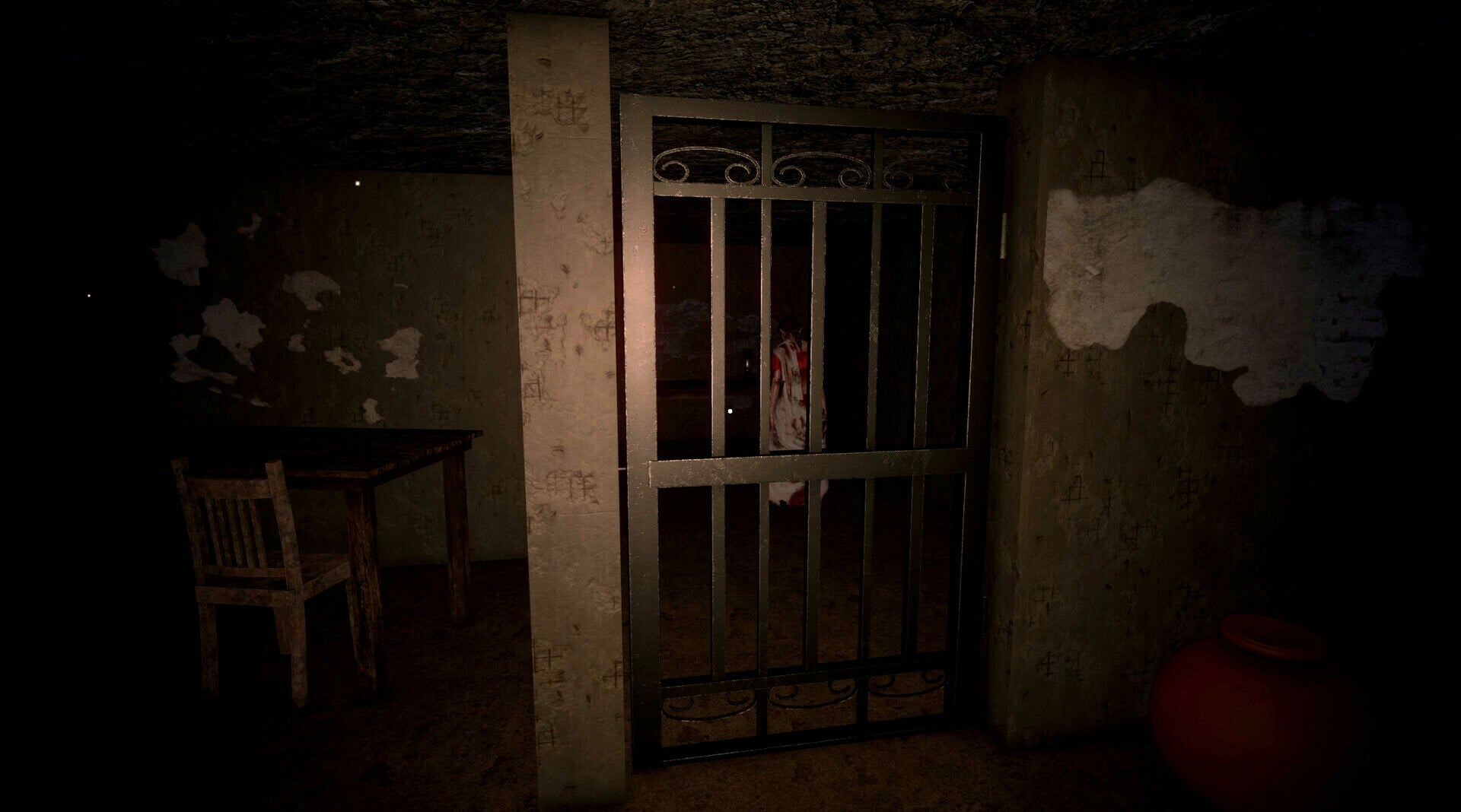 A dark, eerie scene showing a barred metal door in a dimly lit room with peeling walls, a table and chair on the left, and a red pot on the right. A ghostly figure is faintly visible behind the bars.