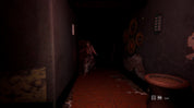A dimly lit video game scene showing a player character running down a dark hallway with red-tiled flooring, textured walls, circular wall decorations, and a small table in the foreground.