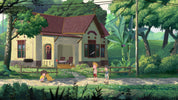 Animated scene of children playing in front of a house with greenery