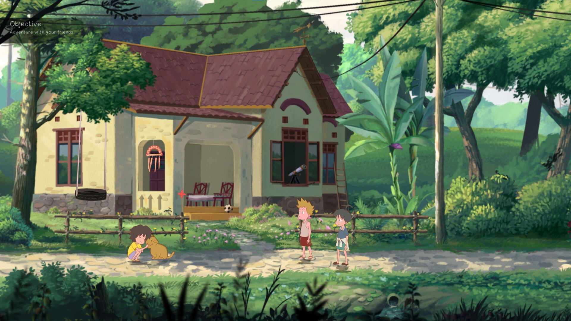 Animated scene of children playing in front of a house with greenery