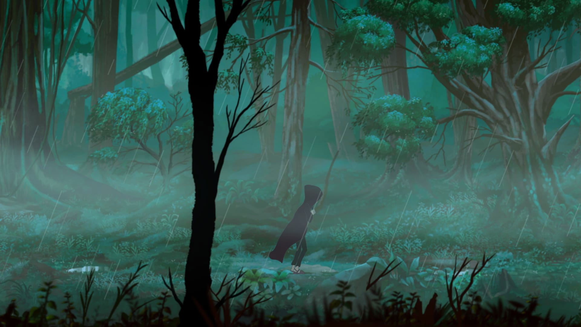 Silhouette of a person walking through a misty forest
