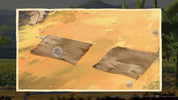 Map with wooden planks and a hand icon on a desert landscape