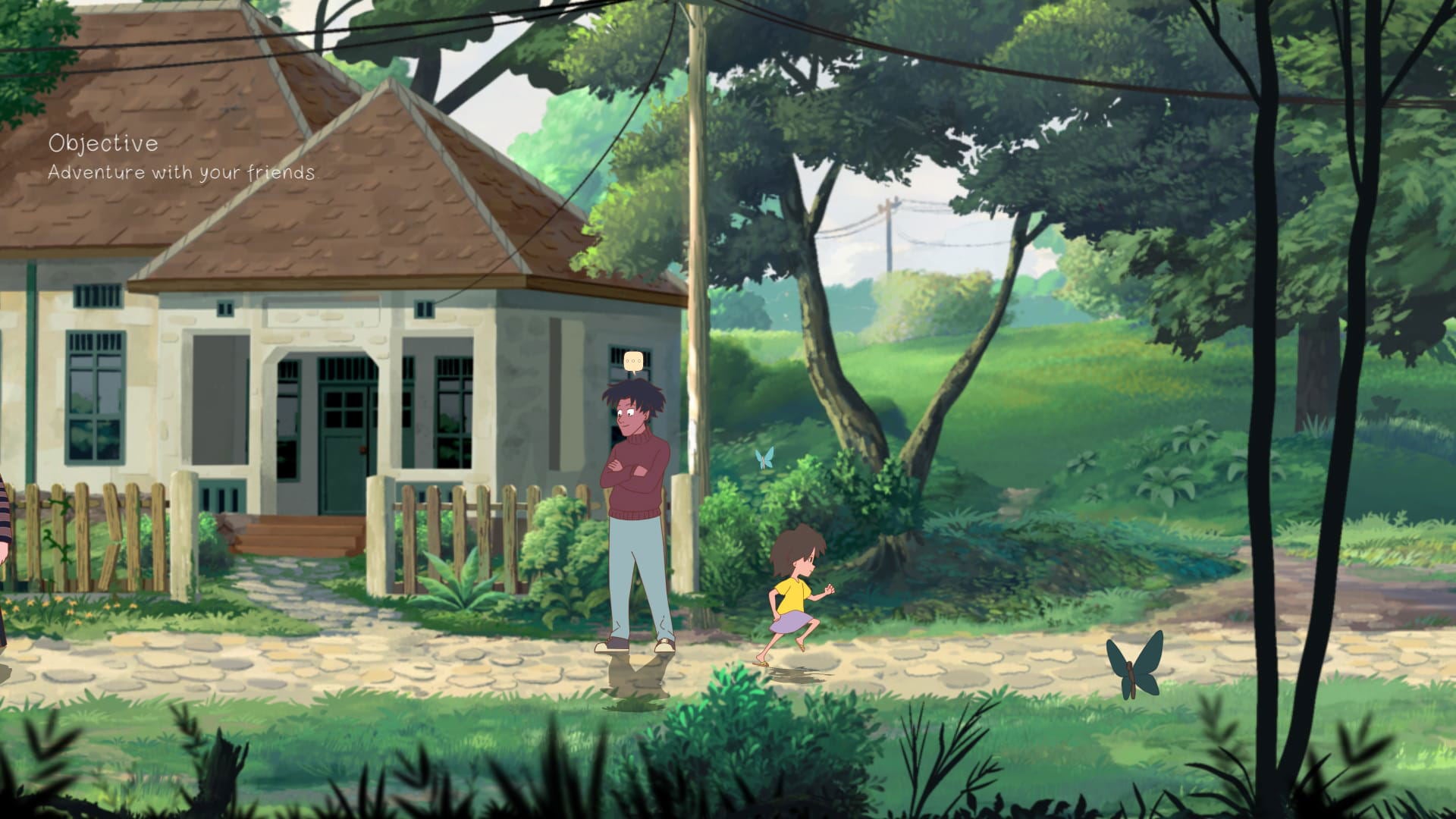 Two characters standing outside a house in a lush green neighborhood with trees and a butterfly.