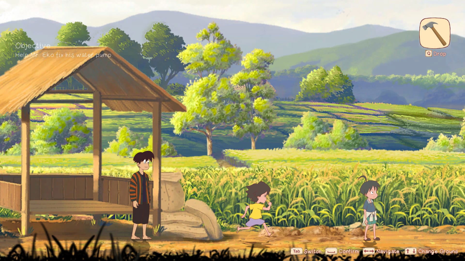 Three children in a rural setting with a wooden bench and a scenic landscape.