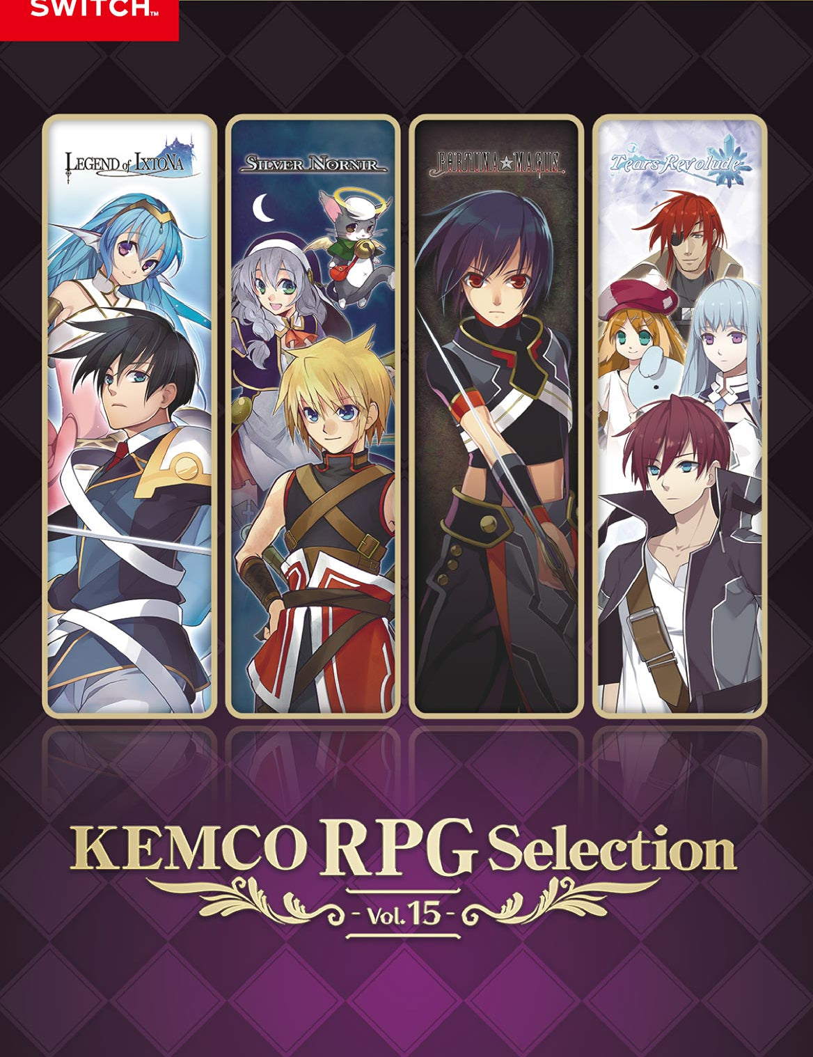 Nintendo Switch game cover for KEMCO RPG Selection Vol.15, featuring four vertical character panels with anime-style RPG characters on a dark purple patterned background, with Nintendo Switch branding at top left and KEMCO branding at bottom right.