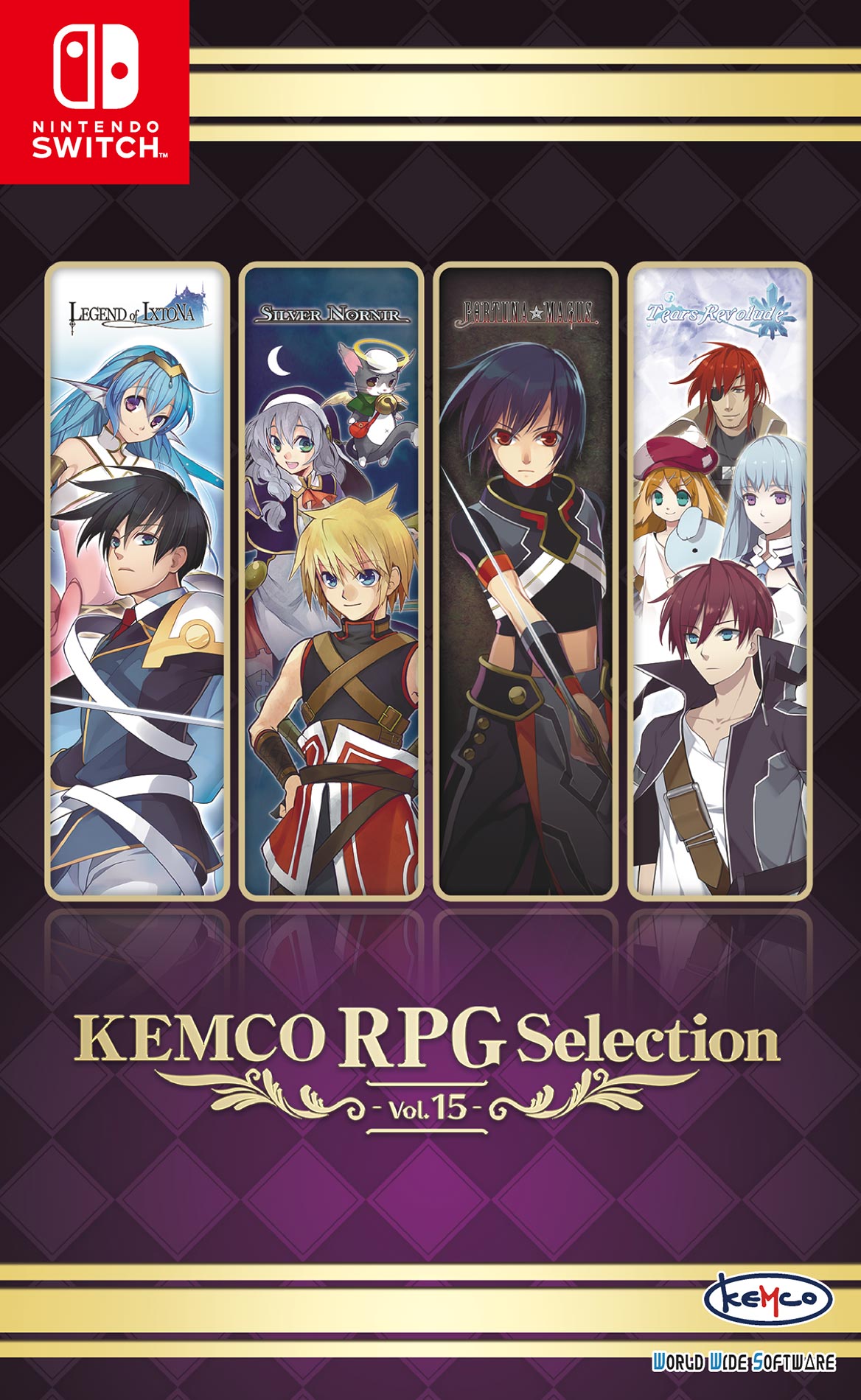 Nintendo Switch game cover for KEMCO RPG Selection Vol.15, featuring four vertical character panels with anime-style RPG characters on a dark purple patterned background, with Nintendo Switch branding at top left and KEMCO branding at bottom right.