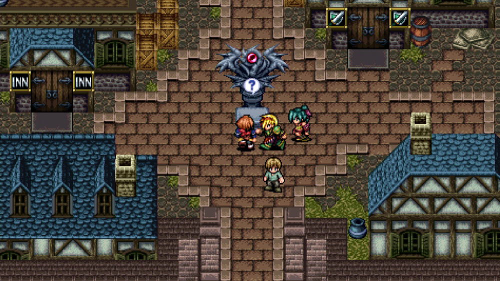 Pixel art scene from a video game with characters and a blue dragon-like creature in a town setting.
