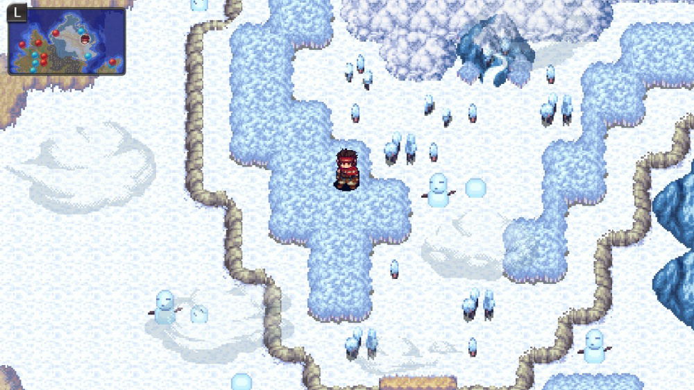Frozen landscape with characters and ice formations in a video game setting