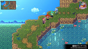 Pixel art scene from a fantasy video game showing several character sprites standing on a grassy cliffside above a blue waterway, with a mini-map in the top-left corner and a copyright notice in the bottom-right.