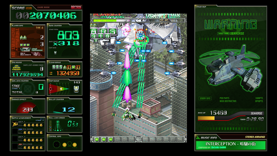 A screenshot of a retro isometric arcade shooter game with a dark green HUD interface, a central action area showing a spaceship fighting laser beams, and a right-side panel displaying a warning graphic and stats.
