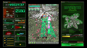 A retro sci-fi arcade game interface screenshot with a central top-down spaceship battle scene, green score and status panels on the left, and a warning panel on the right.