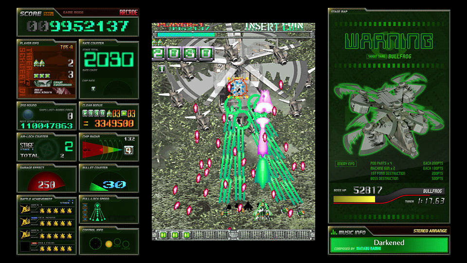 A retro sci-fi arcade game interface screenshot with a central top-down spaceship battle scene, green score and status panels on the left, and a warning panel on the right.