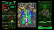 A screenshot of a retro sci-fi arcade game interface, likely from a console or home video game, featuring a central top-down shooter scene with a purple missile, green laser beams, and various floating enemy units, surrounded by dark green score and warning panels.